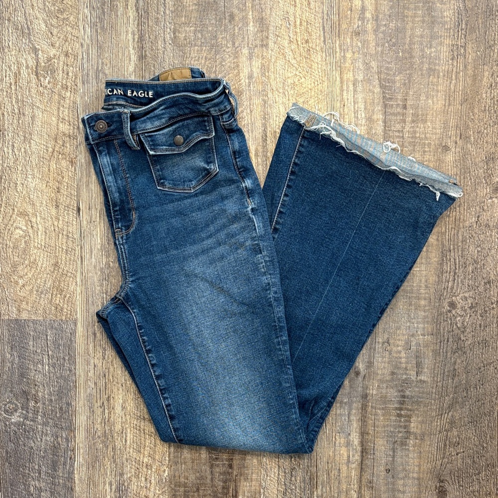 American Eagle Outfitters Dark Blue Super High Rise Flare Jeans Size 10